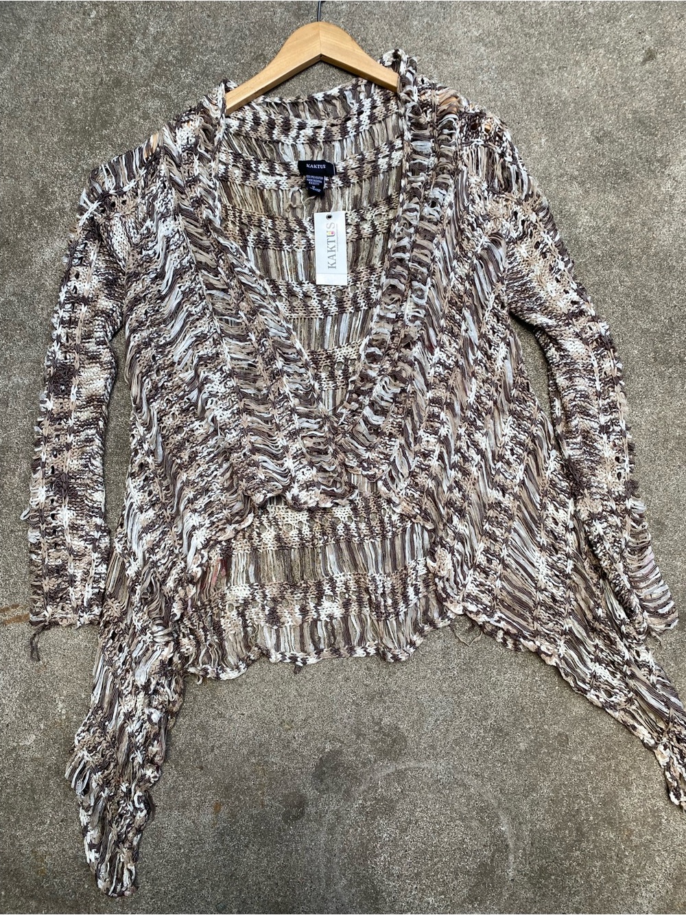 NWT Kaktus Boho Open Knit Waterfall Cardigan Sweater Brown Cream Asymmetrical